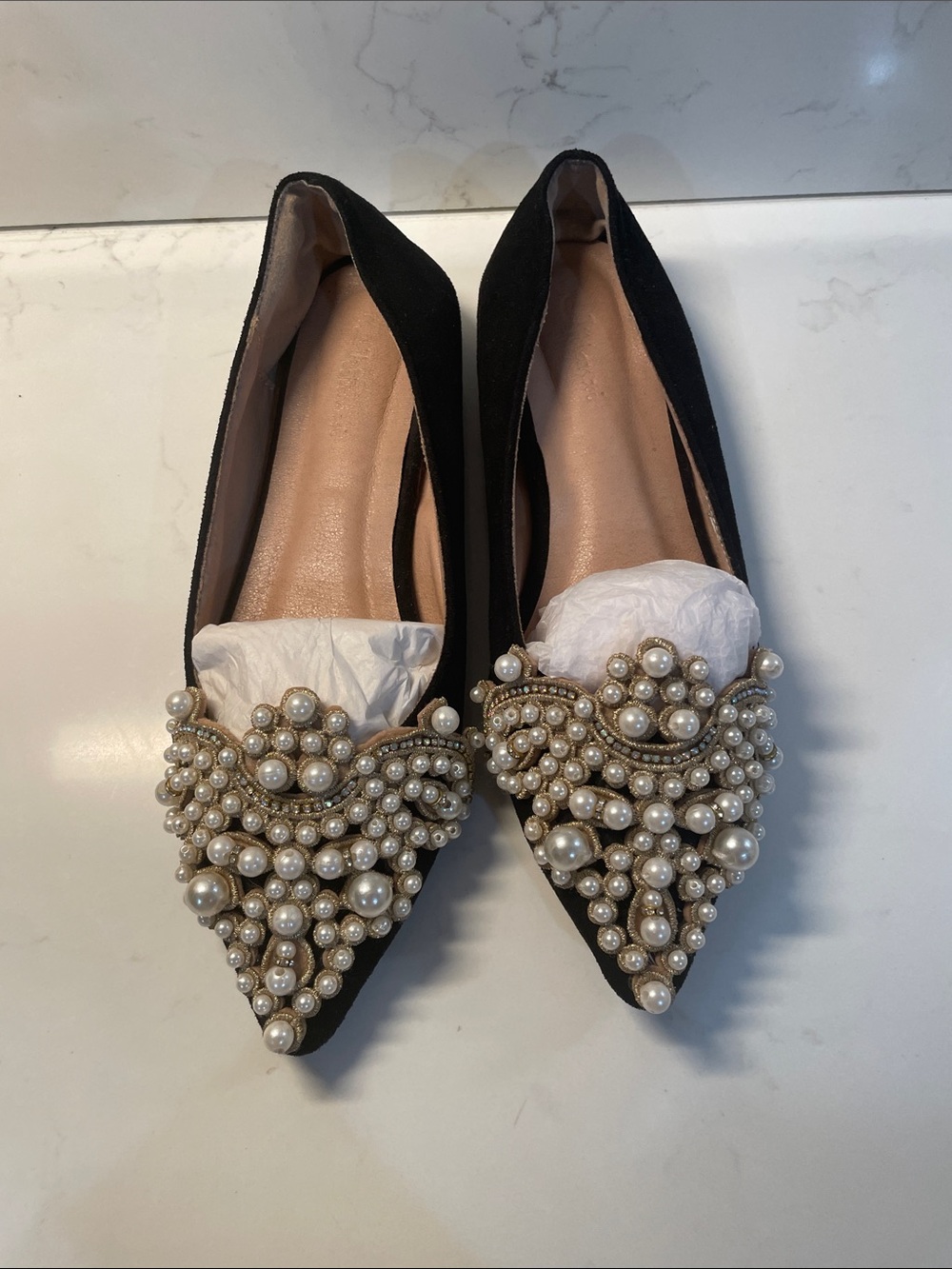 Black Pearl-Embellished Pointed Flats for Women